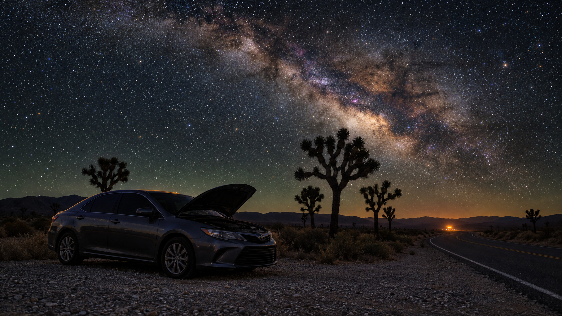 A car parked in a desert pullout under the Milky Way as a tow truck's amber lights approach 