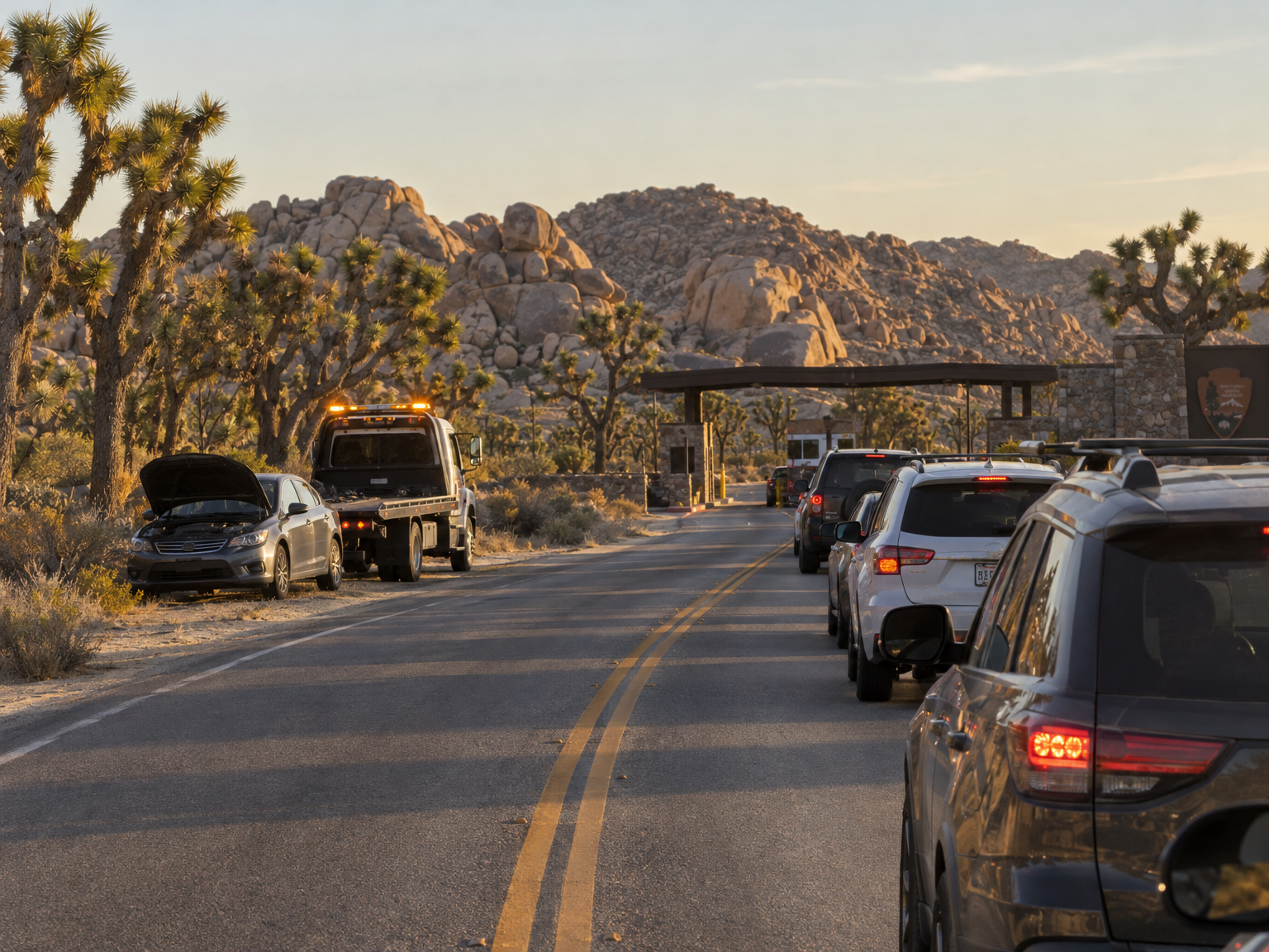 A car with its hood up on the shoulder near the Joshua Tree West Entrance as a tow truck arrives
