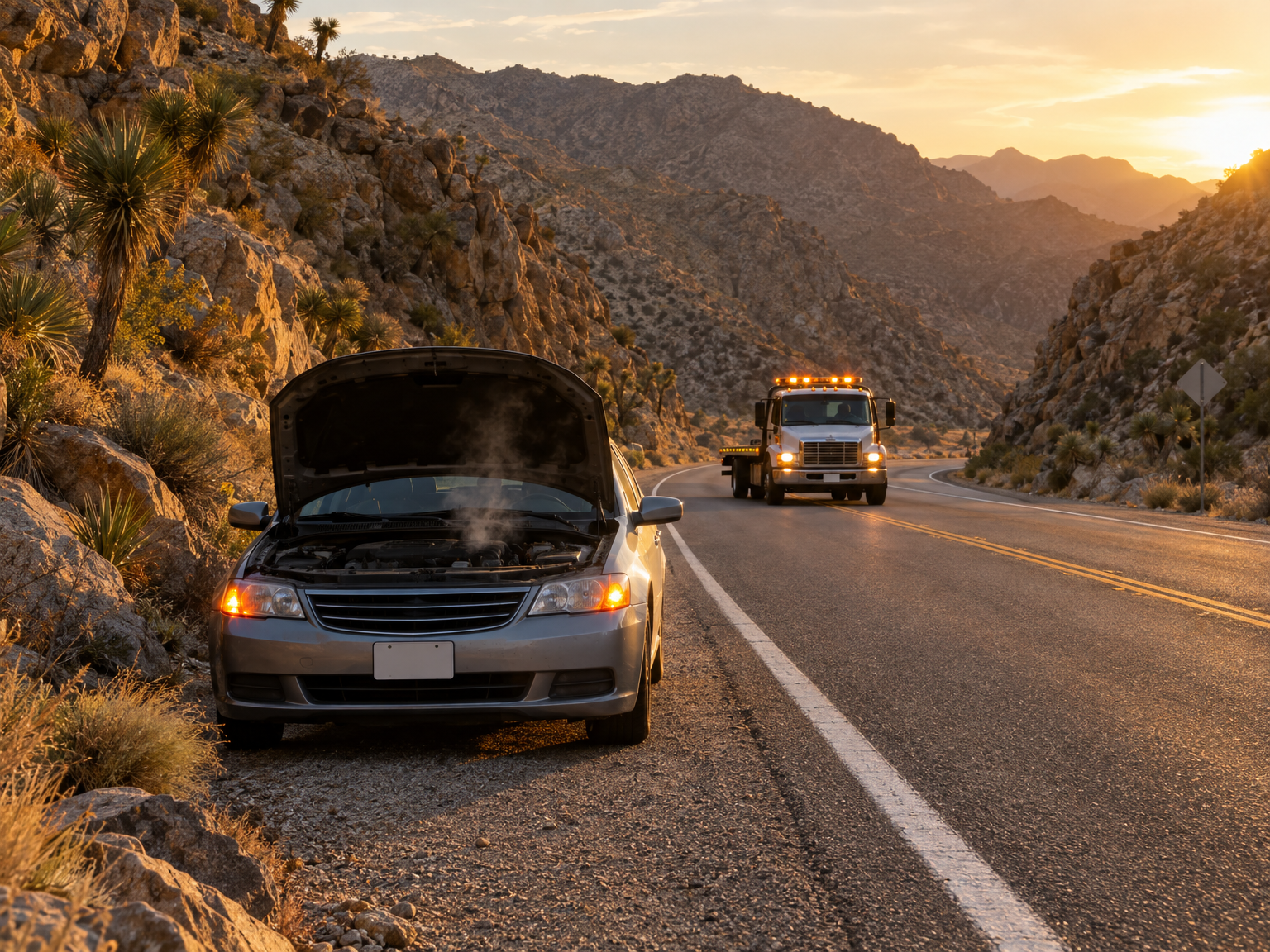 A car with its hood up on the shoulder of Highway 62 in Morongo Canyon as a tow truck approaches