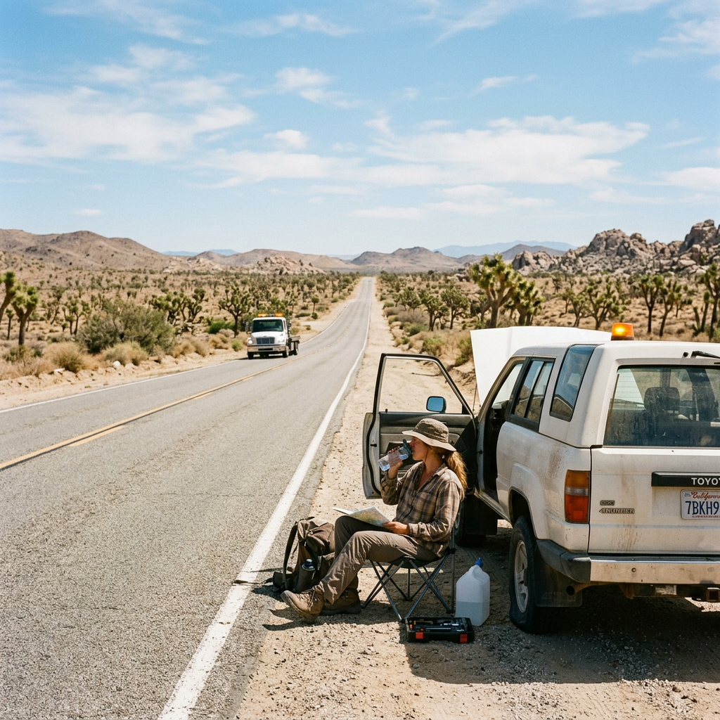 Driver waiting safely beside broken-down vehicle on desert highway near Joshua Tree National Park
