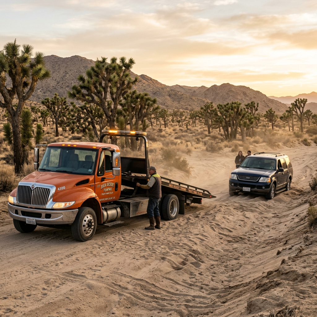 Flatbed recovery truck winching stuck SUV from desert sand wash near Joshua Tree in Twentynine Palms
