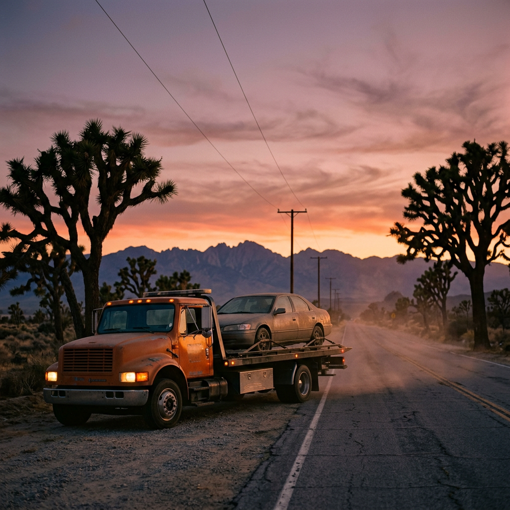 Flatbed tow truck loaded with a sedan on the shoulder of Highway 62 in Yucca Valley CA