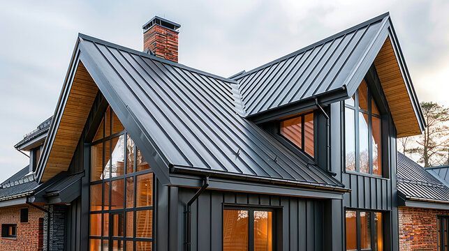 A house with a metal roof and a lot of windows.
