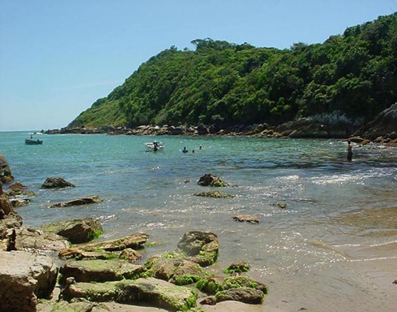 Uma praia rochosa pitoresca com águas calmas e turquesas, colinas verdes ao fundo e pequenos barcos com nadadores.