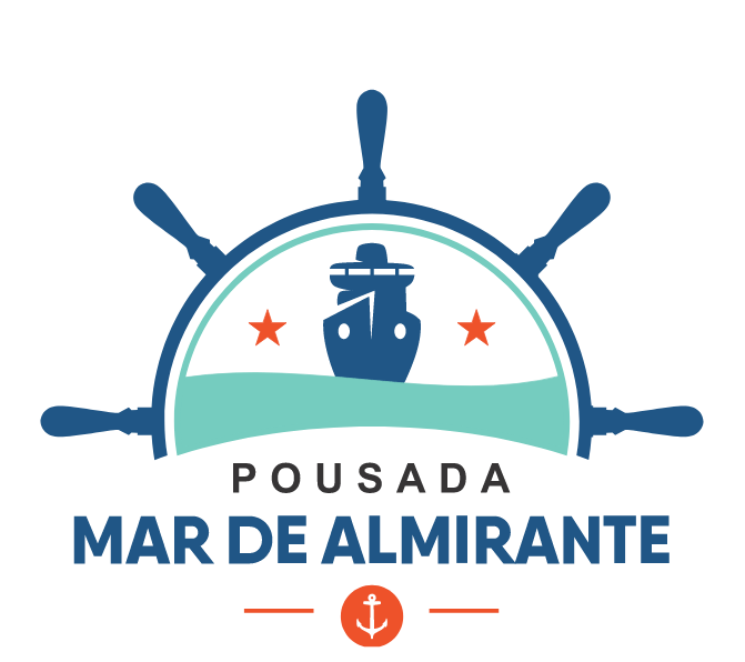 Logotipo da Pousada Mar de Almirante com um timão de navio, a silhueta de um navio, duas estrelas e um ícone de âncora.
