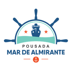 Logotipo da Pousada Mar de Almirante com um timão de navio, a silhueta de um navio, duas estrelas e um ícone de âncora.