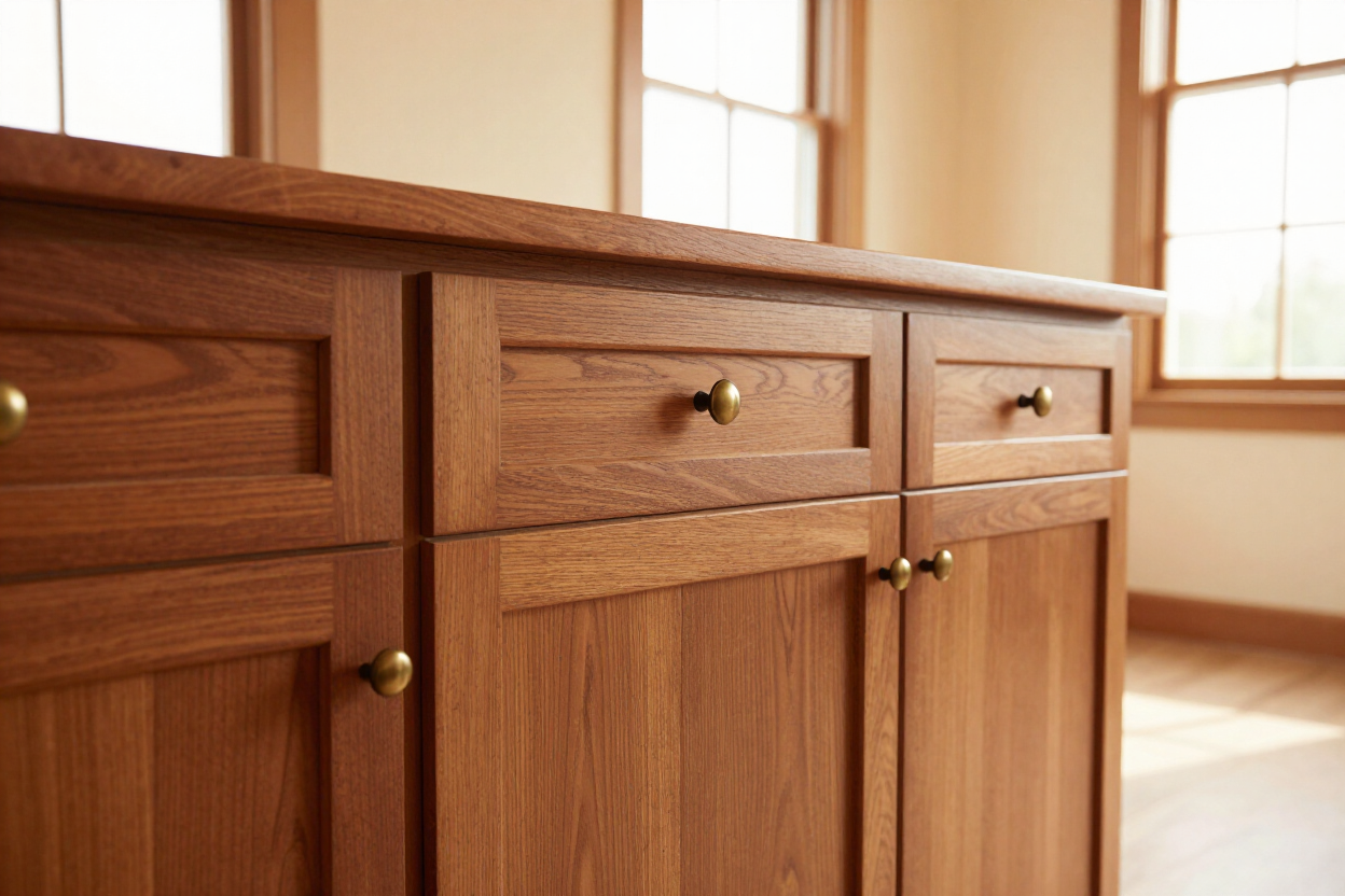 Wooden kitchen cabinets with drawers and brass knobs in a bright room