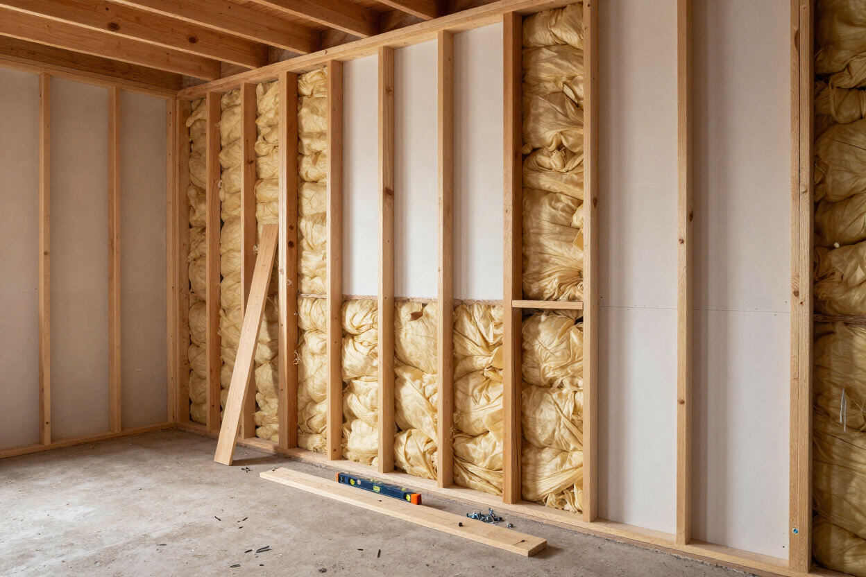 Interior wall framing under construction with exposed studs and insulation in a room