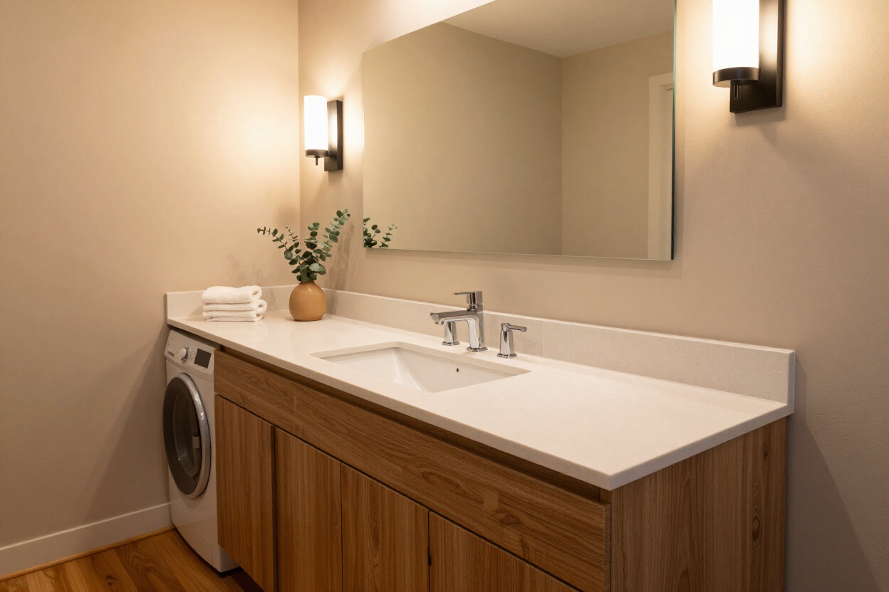 Modern bathroom vanity with white countertop, wood cabinets, mirror, and wall sconces