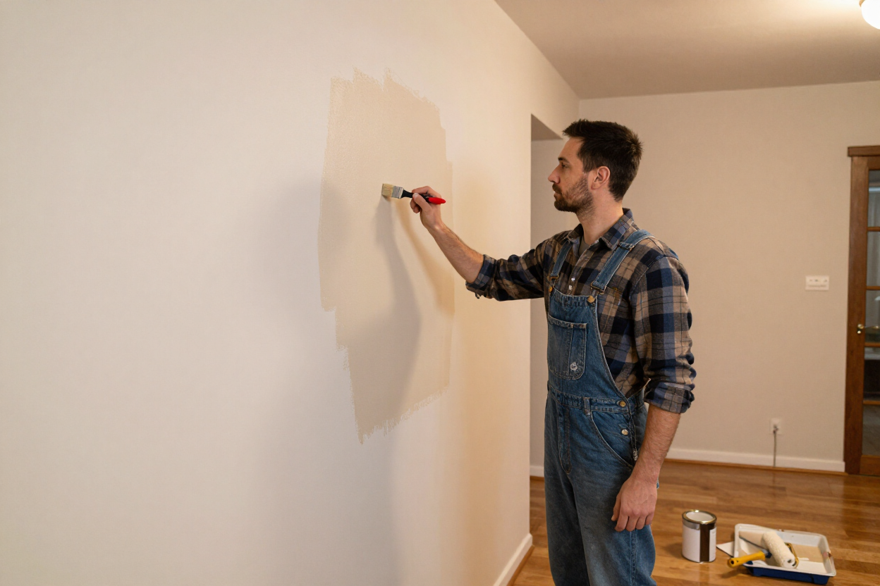 Man painting a white wall indoors with a roller in an empty room