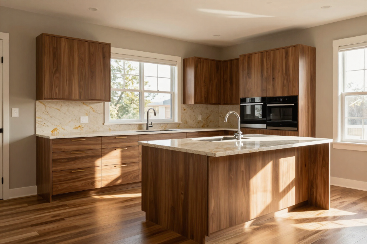 Bright modern kitchen with wood cabinets, island, white countertops, and sunlight from windows.