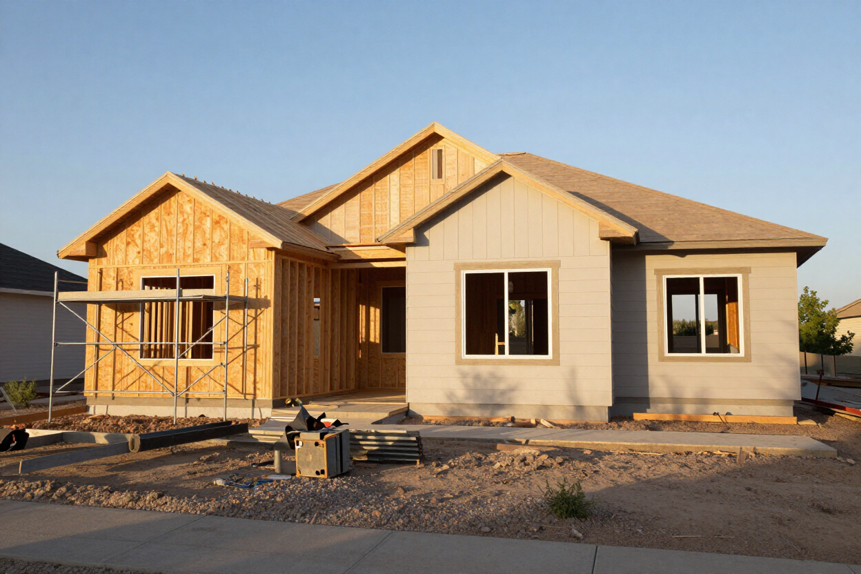 Partially built single-story house with exposed wood framing and beige siding at sunset