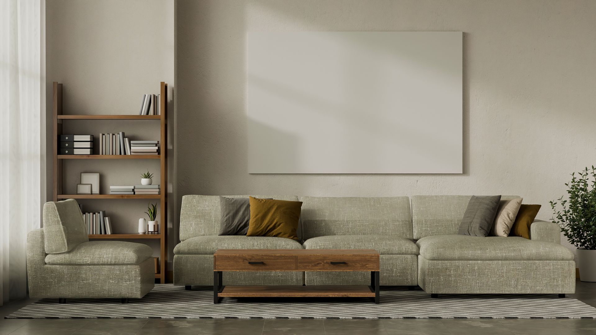 Modern living room with beige sectional, wooden coffee table, shelving, and large blank wall art.