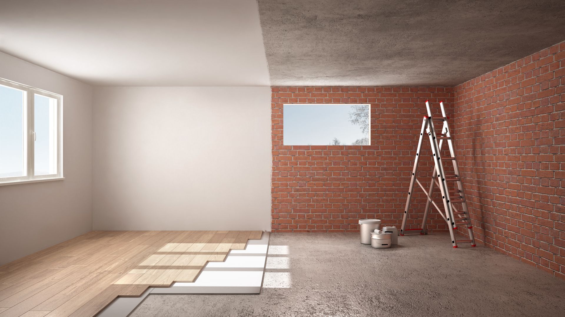 Renovation site with brick wall, ladder, paint bucket, and unfinished floor with wood and tile panels