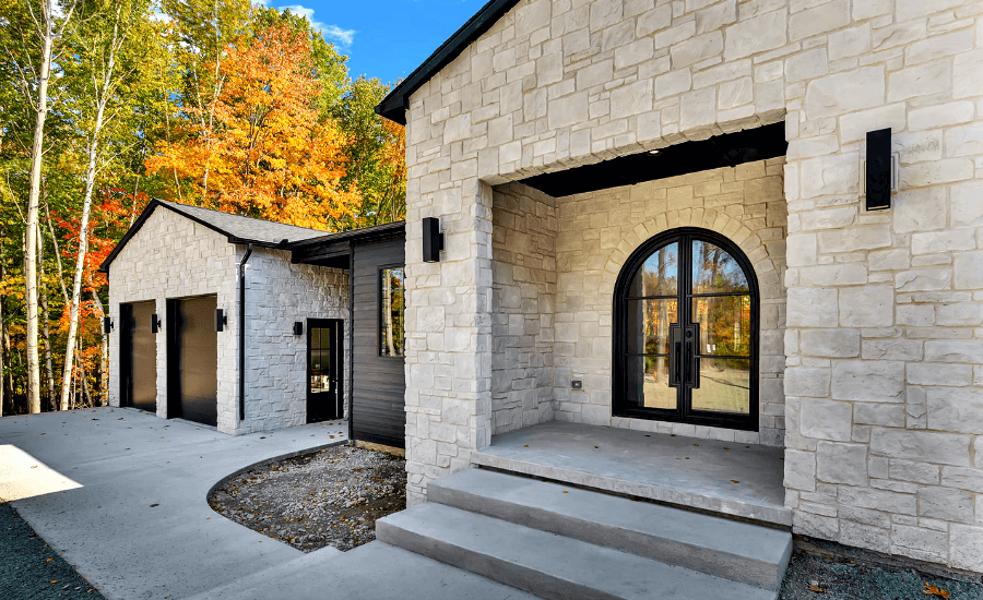 Living room with stone fireplace.