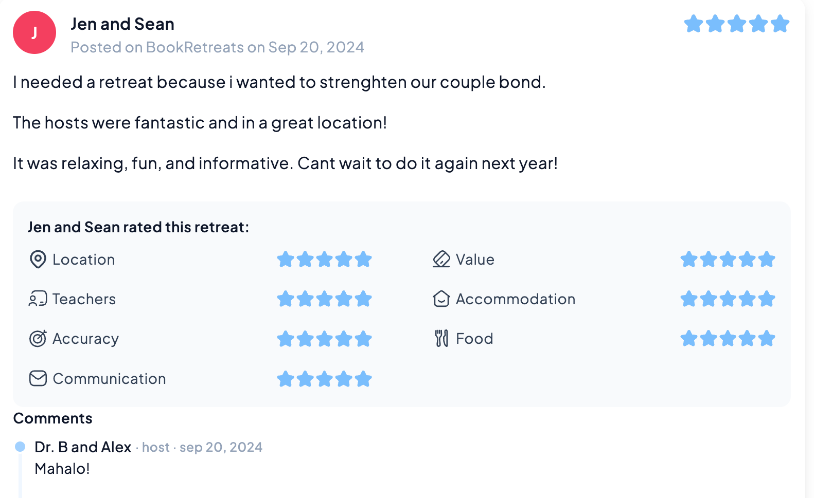 Jen and Sean bookretreats 5 star google review for bathurst family therapy