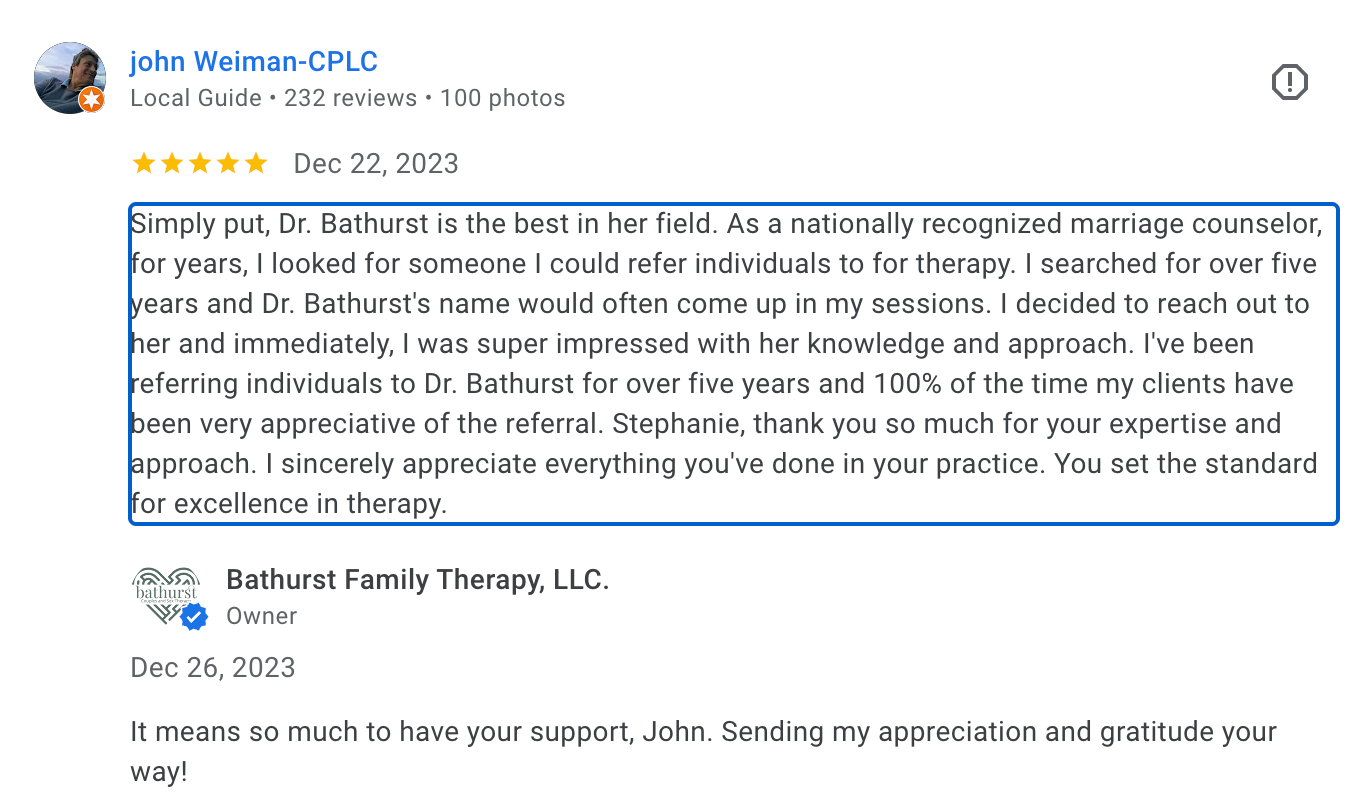 john weiman 5 star google review for bathurst family therapy