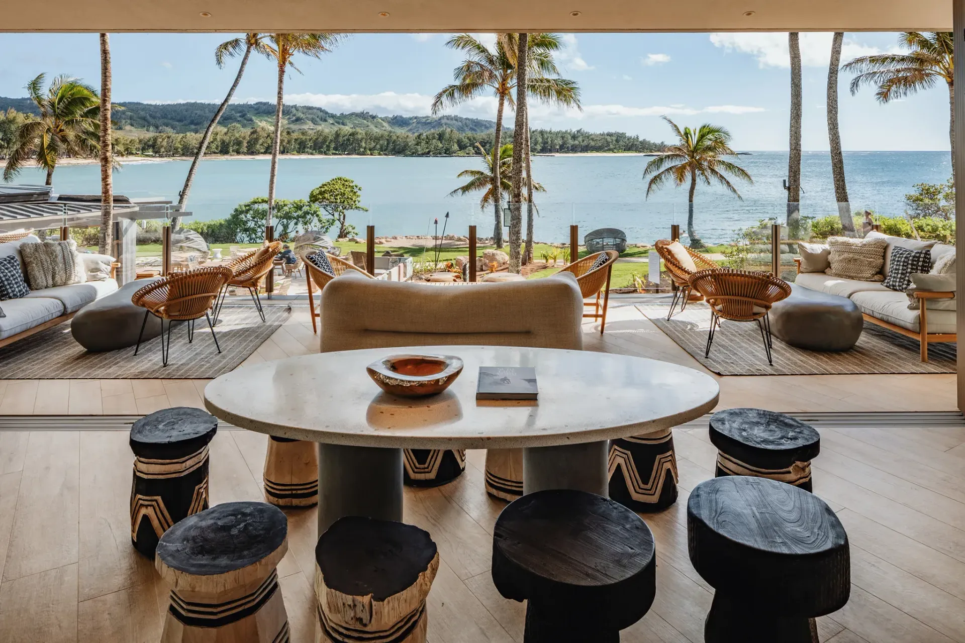 Lounge area facing the ocean at luxury resort Turtle Bay in Hawaii