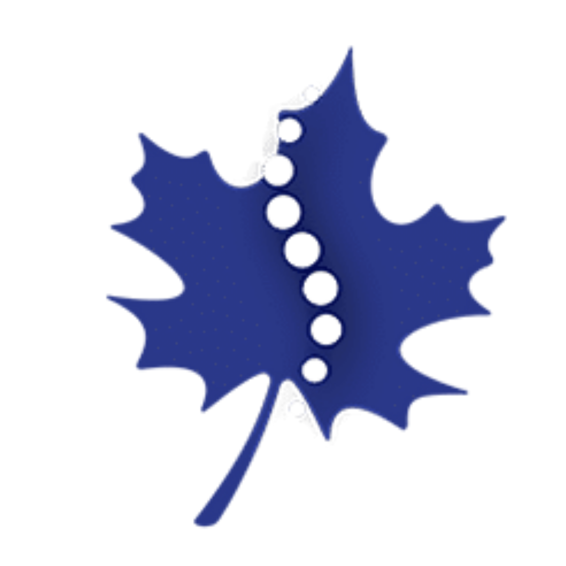 Blue maple leaf logo with a white dotted diagonal stripe
