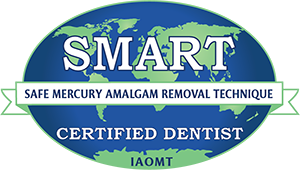 SMART Certified Dentist logo with green globe, blue banner, and “Safe Mercury Amalgam Removal Technique” text