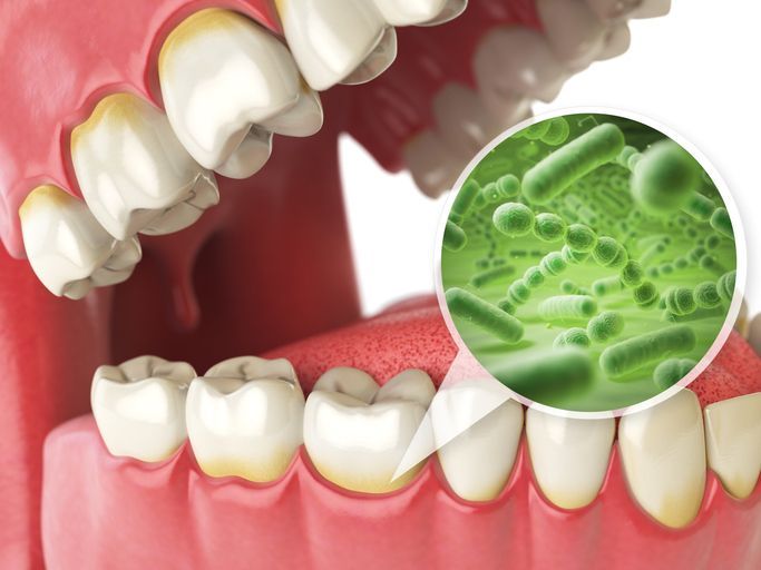 Open mouth with teeth and gums, showing green bacteria magnified in a circular inset.