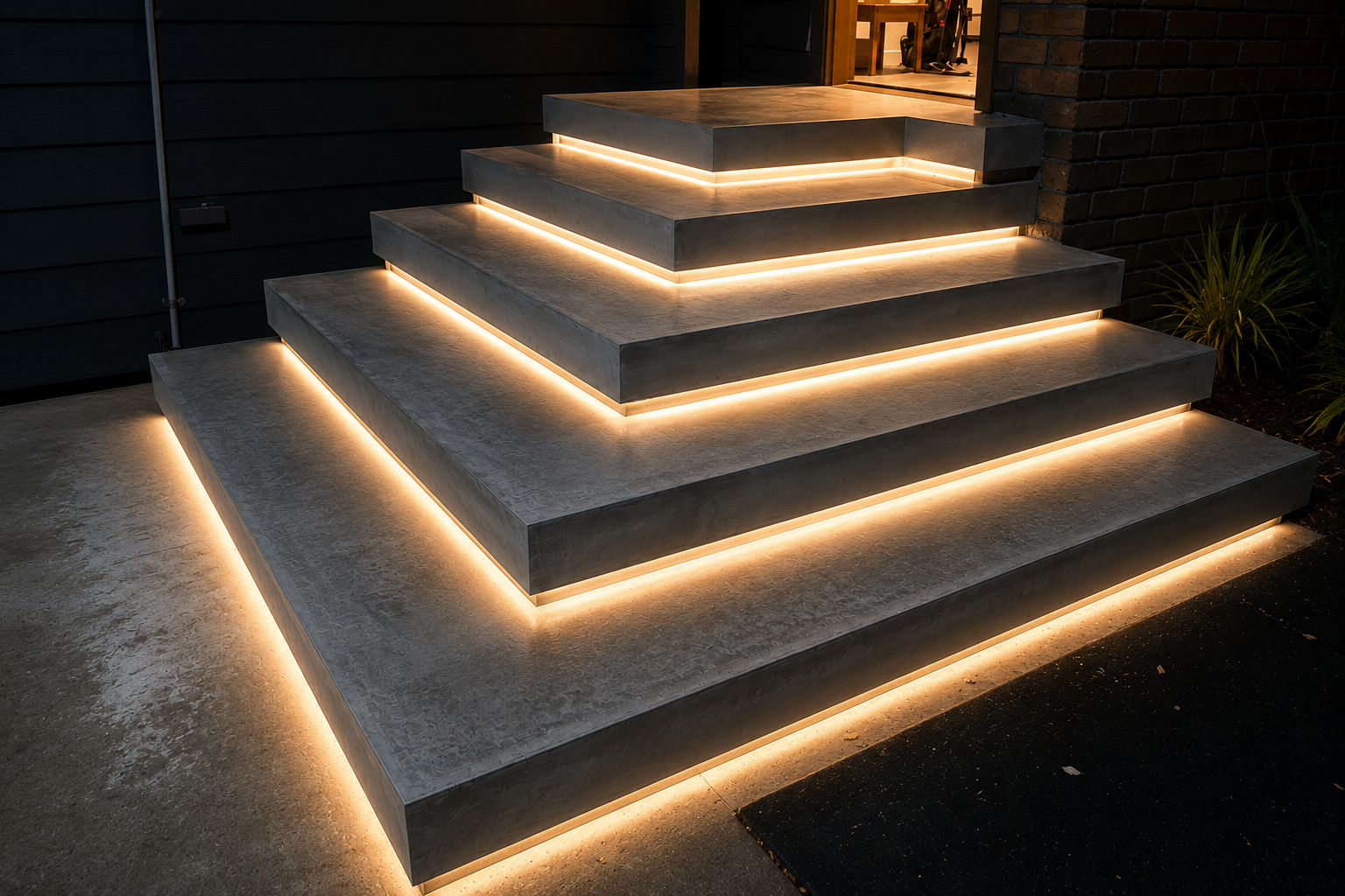 Illuminated concrete front steps with warm LED strip lighting at night  — C & A Concreting In Craignish, QLD