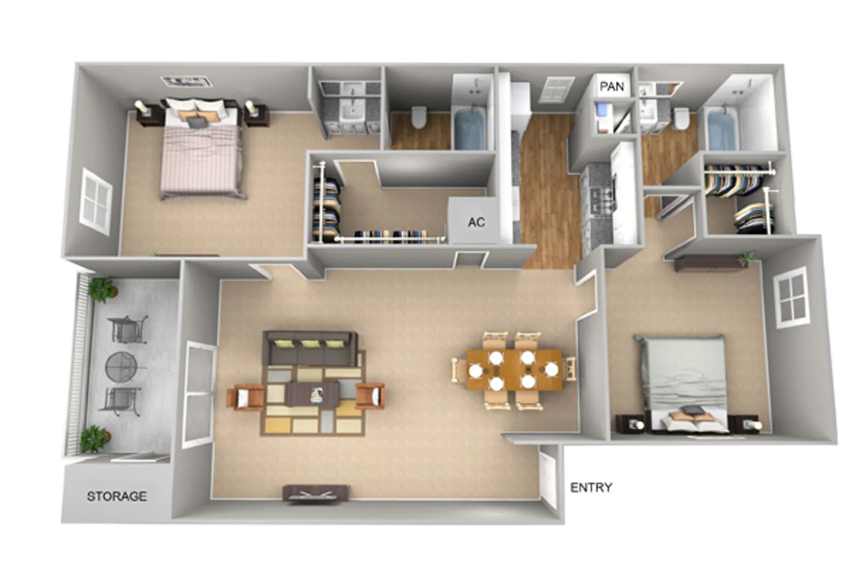 3D floor plan of a house with labeled rooms, furniture, and entryway