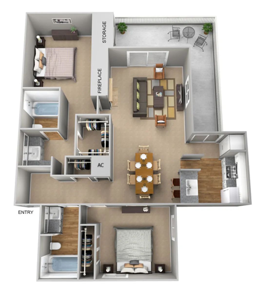 Apartment floor plan with two bedrooms, kitchen, dining area, living room, bathroom, and balcony.