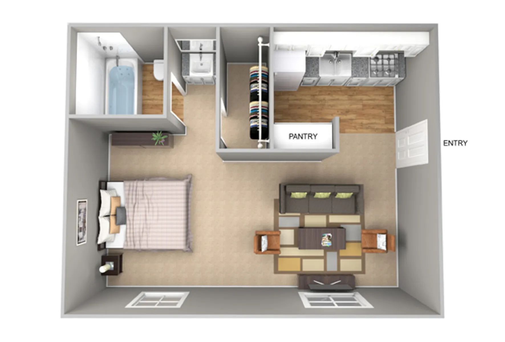 Floor plan of a small apartment with bedroom, bathroom, closet, pantry, kitchen, and living area.