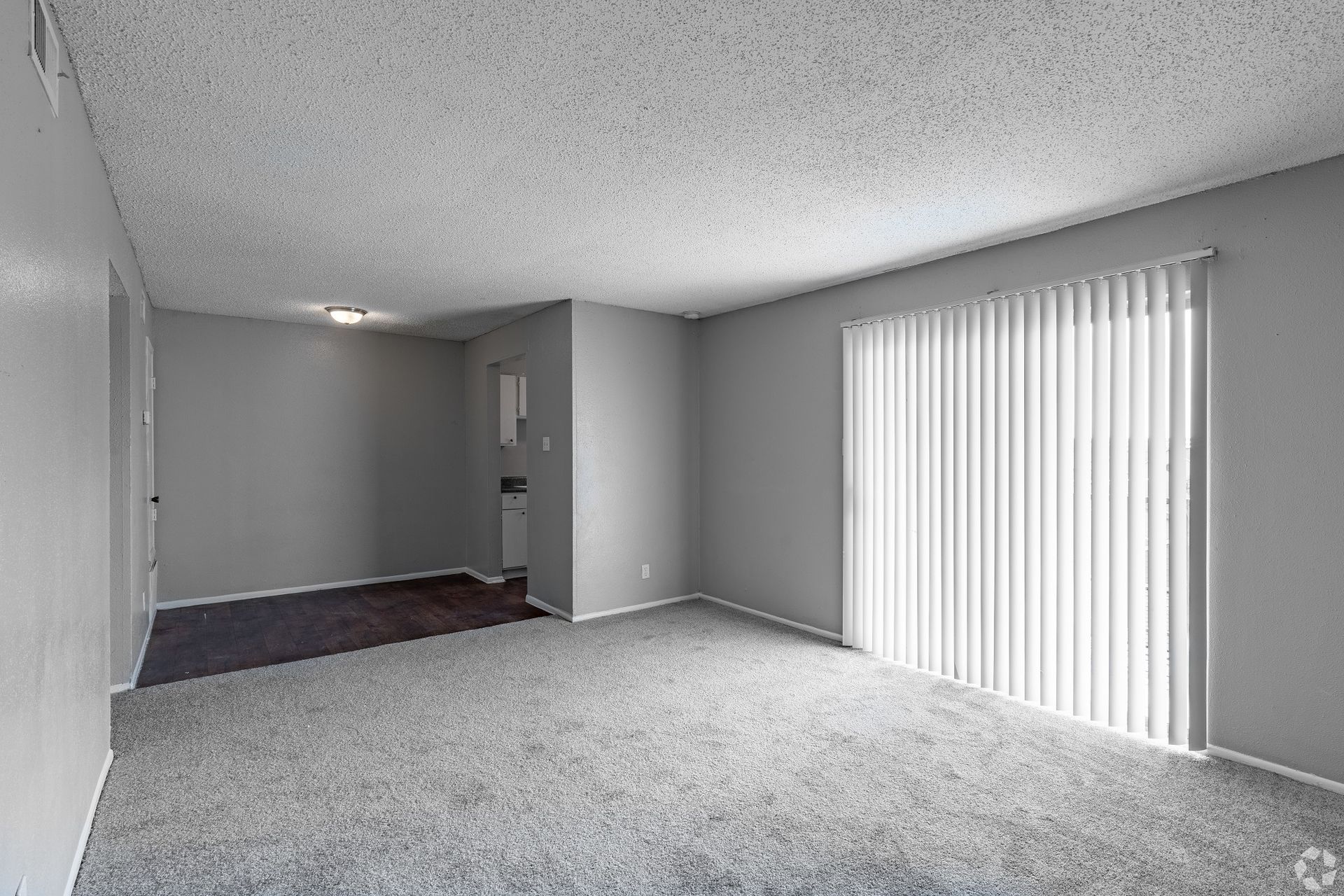 Empty gray living room with carpet and vertical blinds on the sliding door
