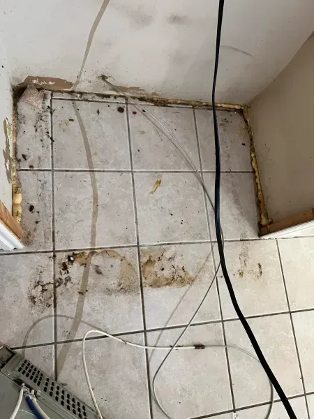 Dirty tiled corner with wall stains, debris, and a black cable on the floor.