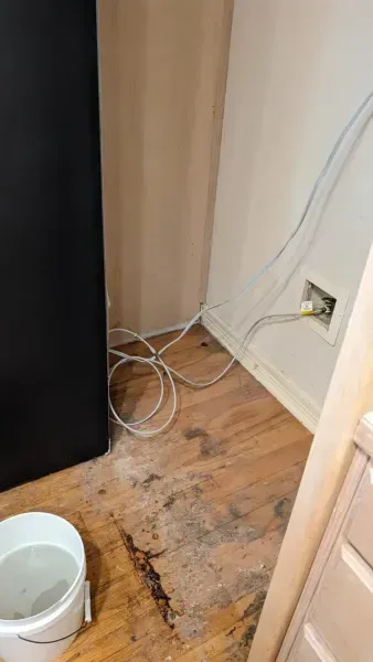 Corner of a room with loose white cables, a wall outlet, wood floor, and a small white water bowl.