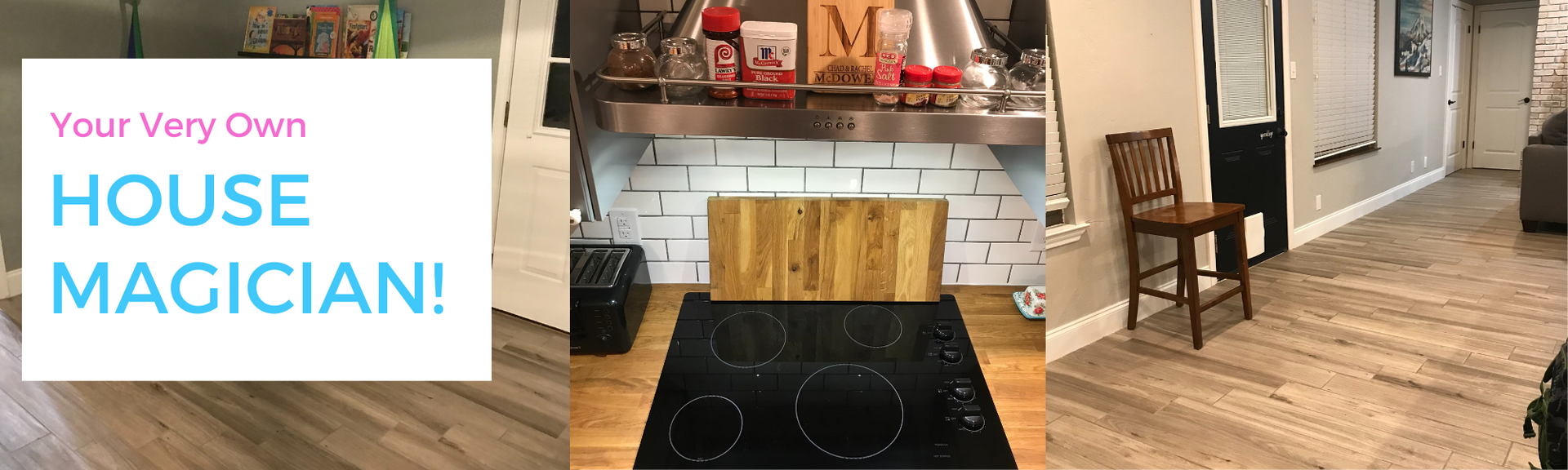 Promotional collage of a tidy kitchen and dining room with text, “Your Very Own HOUSE MAGICIAN!”
