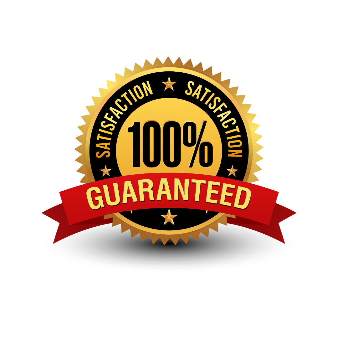 Gold “100% Guaranteed” satisfaction badge with red ribbon and black text