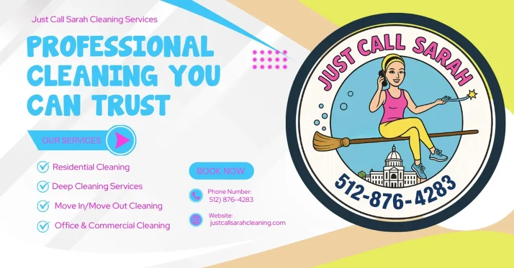 Ad for Just Call Sarah cleaning service, with blue-and-pink text and a circular logo featuring a mop and phone number.