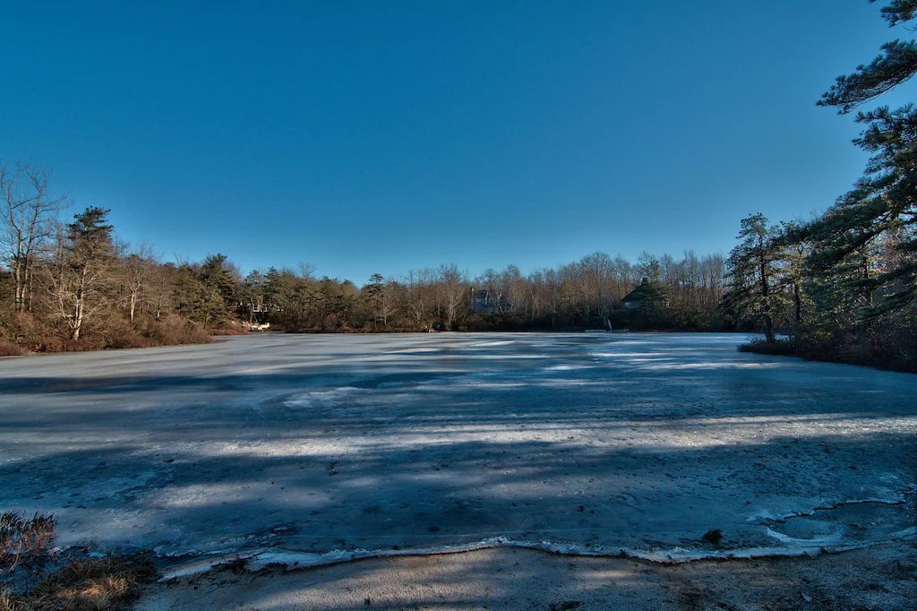 A frozen lake surrounded by trees on a sunny day.