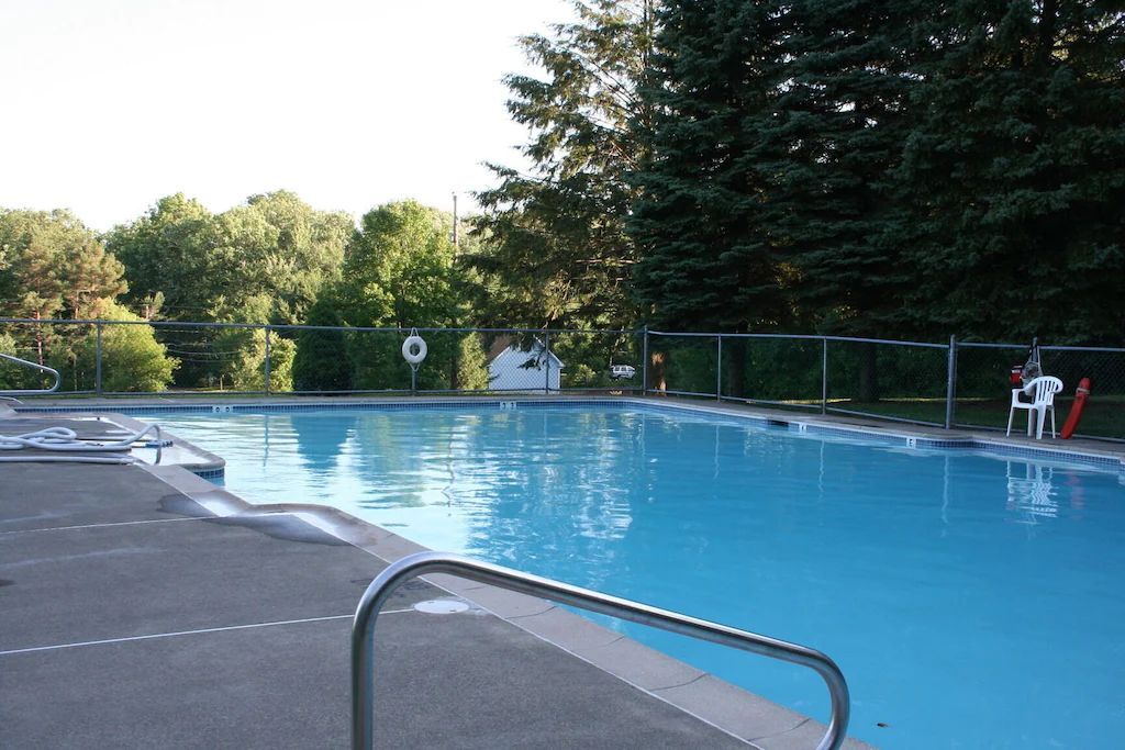 A large swimming pool with trees in the background