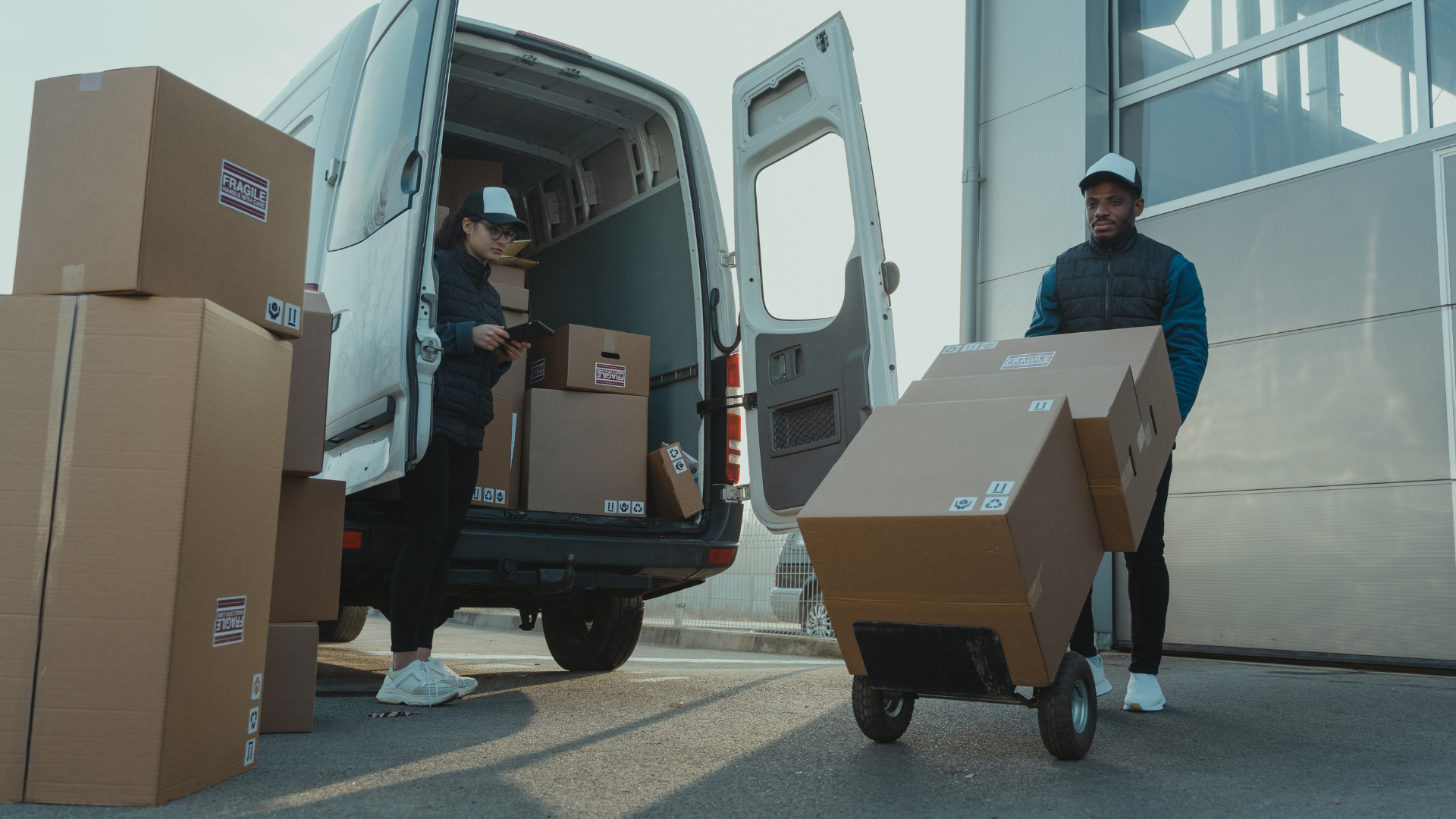 two delivery men are loading boxes into a van .