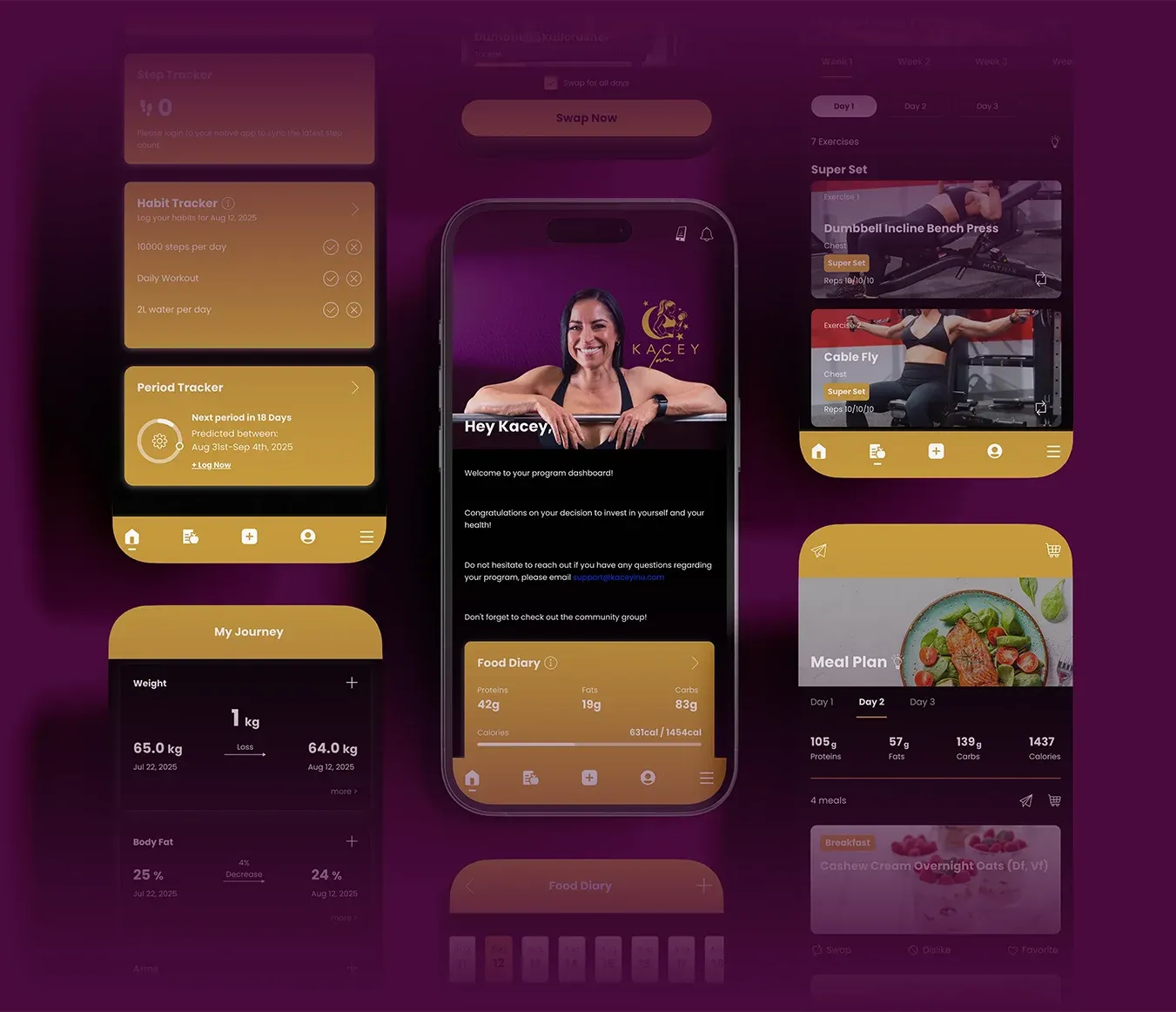 Kacey Inu's fitness app in phone mockups. Showcasing the dashboard, tracking systems, meal plan, and workout plan