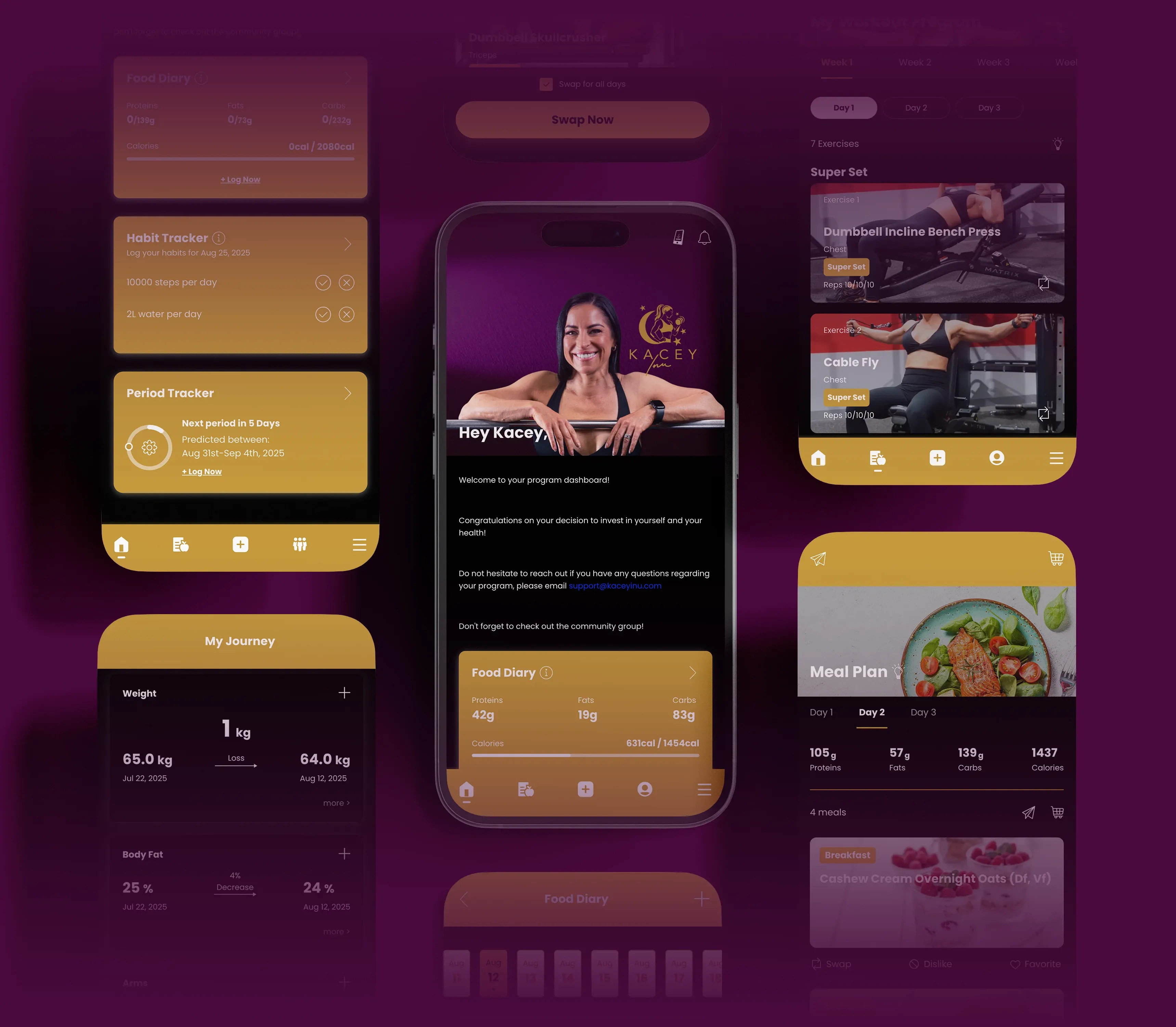 Kacey Inu's fitness app in phone mockups. Showcasing the dashboard, tracking systems, meal plan, and workout plan