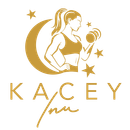 Kacey inu logo in gold: Woman with a dumbbell in a crescent moon, stars, and the name