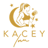 Kacey inu logo in gold: Woman with a dumbbell in a crescent moon, stars, and the name