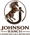 Brown horse rearing inside a circle above Johnson Ranch Landscaping and Landscape logo