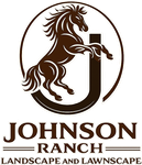 Brown horse rearing inside a circle above Johnson Ranch Landscaping and Landscape logo