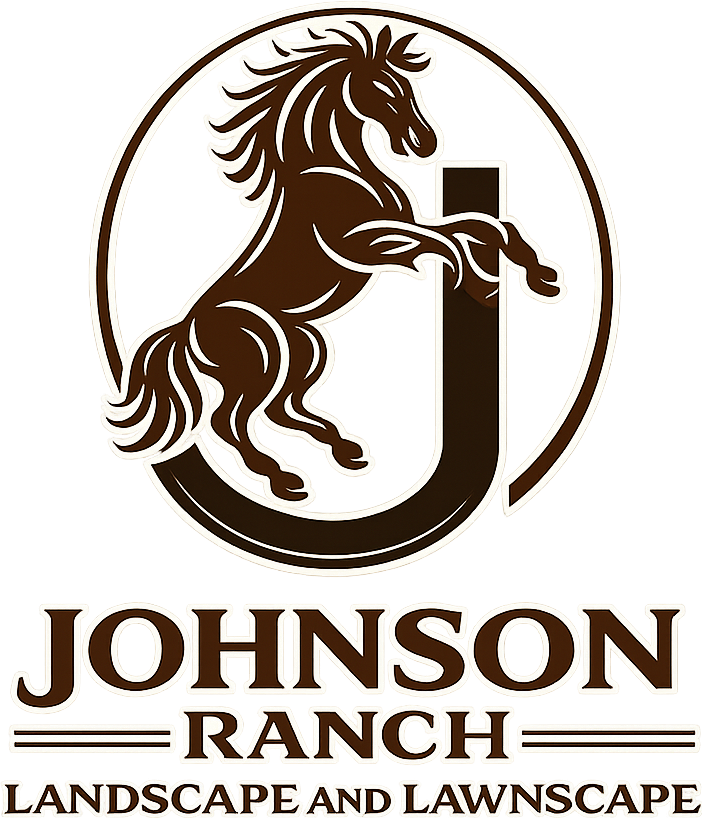 Brown horse rearing inside a circle above Johnson Ranch Landscaping and Landscape logo