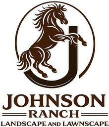 Brown horse rearing inside a circle above Johnson Ranch Landscaping and Landscape logo