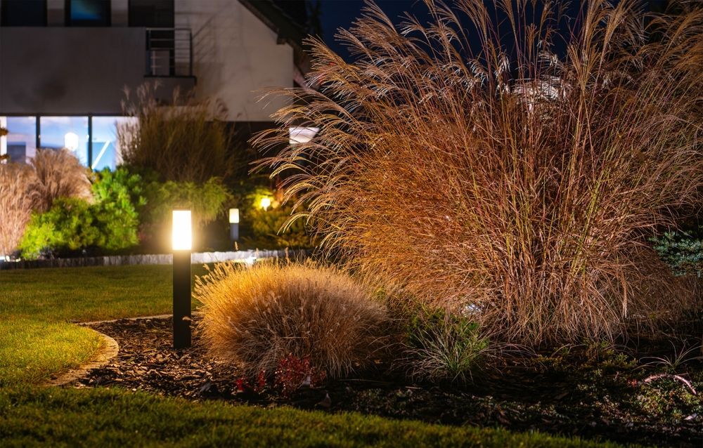 Lit garden landscaping with glowing path lights and ornamental grasses beside a house at night