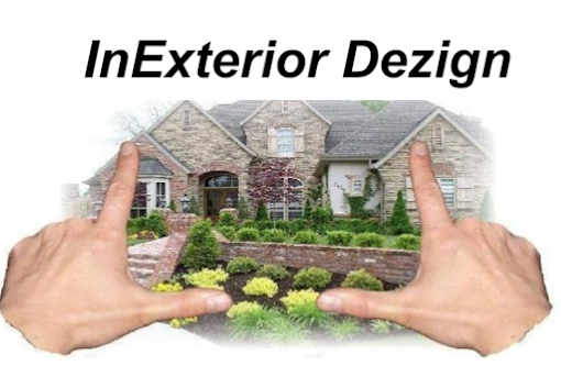 Hands framing a stone house with landscaping; text "InExterior Dezign".