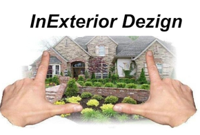 Hands framing a stone house with landscaping; text "InExterior Dezign".