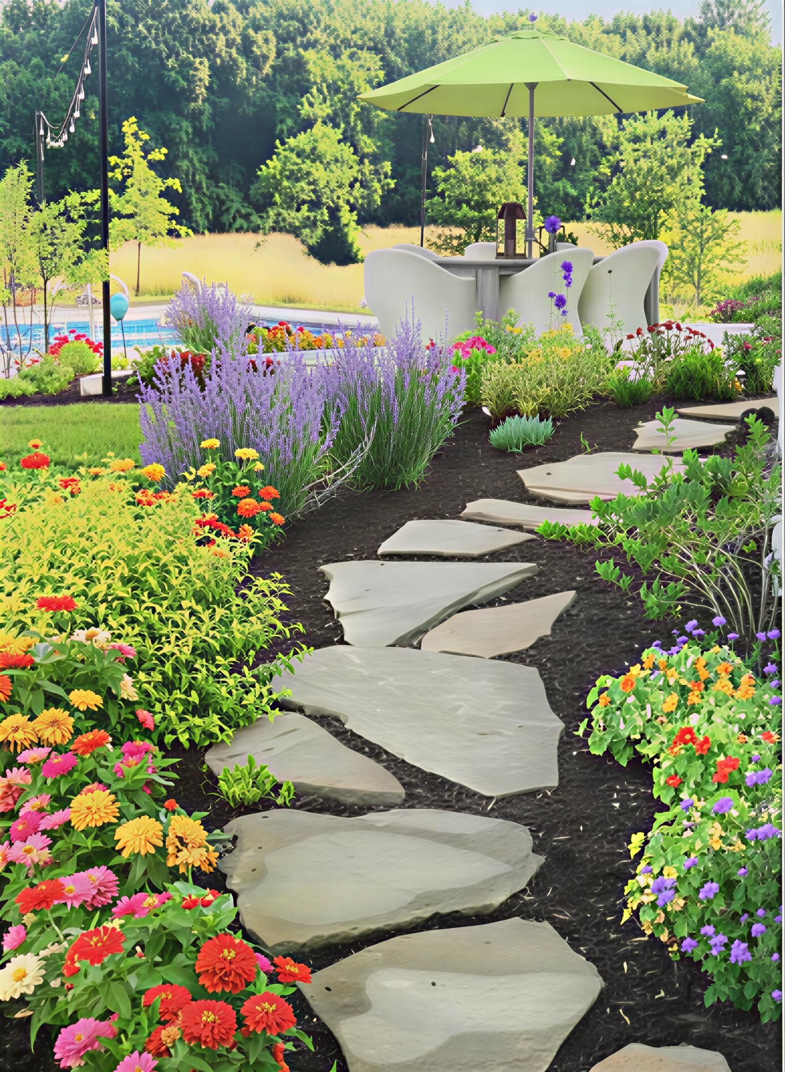 Stone path winds through colorful flowerbeds to an outdoor table and umbrella.